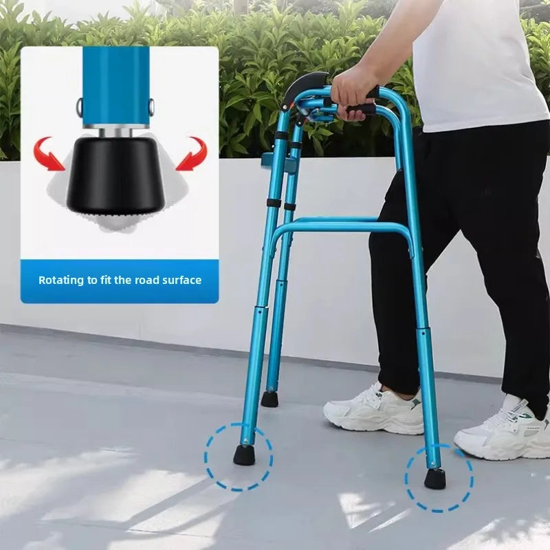 Elderly Walking Aid Four-Leg Adjustable Height Walker for Stairs 360° Swivel Rubber Pads Anti-Slip Design Lightweight Folding