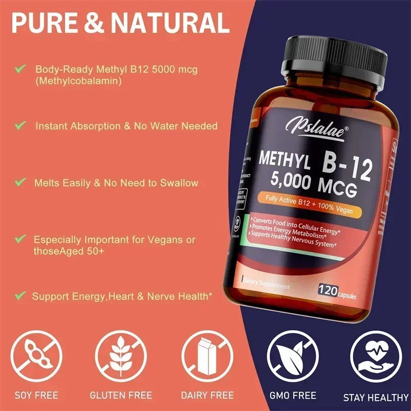 Vitamin B12 5000 Mcg - Supports Heart Health, Nervous System, Promotes Metabolism, Increases Energy Levels, Relieves Fatigue