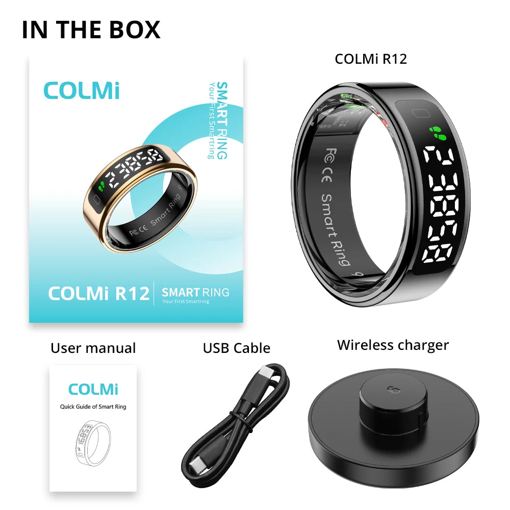 2025 COLMI R12 Smart Ring with Display Screen and Touch, Wireless Charging, Health Manager, 5 ATM Waterproof For Men Women