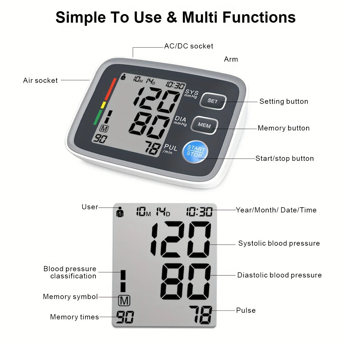 Adjustable cuff automatic upper arm blood pressure monitor household digital blood pressure monitor electronic sphygmomanometer