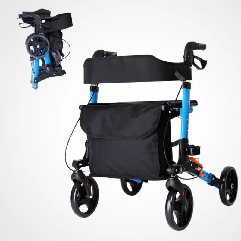 Portable Four-Wheel Shopping Cart For Elderly Aluminum Alloy Travel Rollator With Comfortable Seat And Wheels