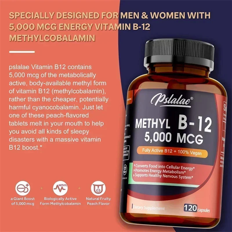 Vitamin B12 5000 Mcg - Supports Heart Health, Nervous System, Promotes Metabolism, Increases Energy Levels, Relieves Fatigue