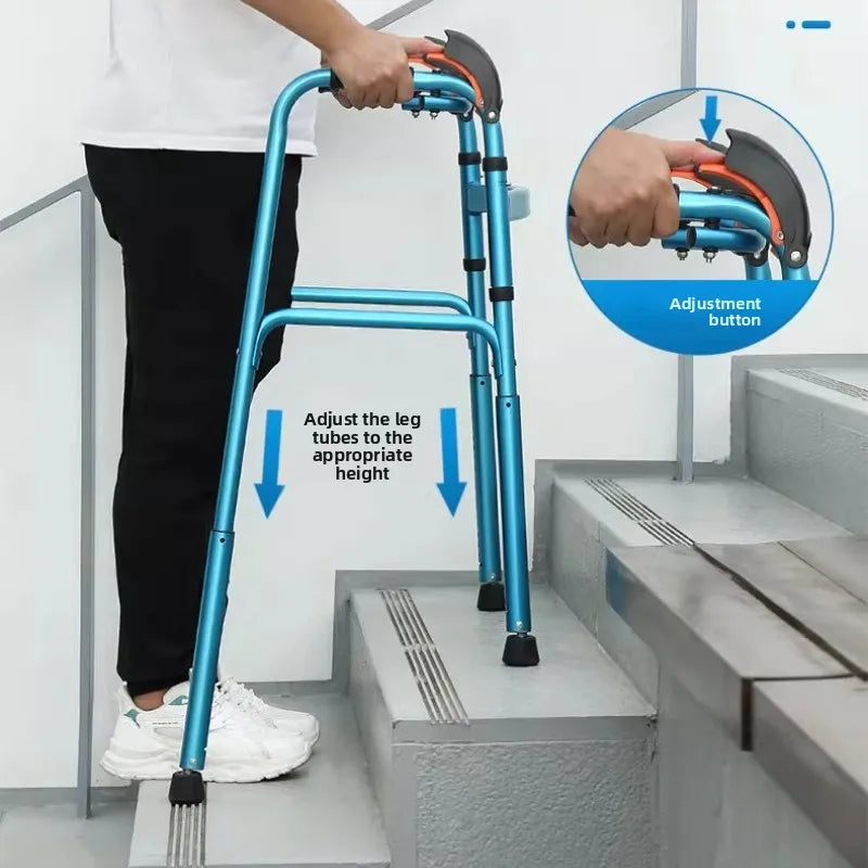 Elderly Walking Aid Four-Leg Adjustable Height Walker for Stairs 360° Swivel Rubber Pads Anti-Slip Design Lightweight Folding