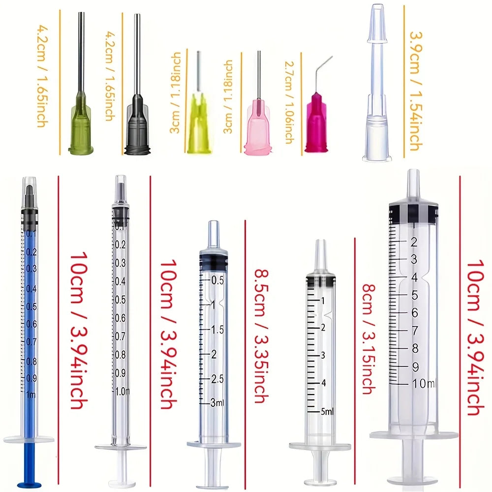 A set of precision laboratory syringes with various accessories, suitable for scientific laboratories to measure liquids.