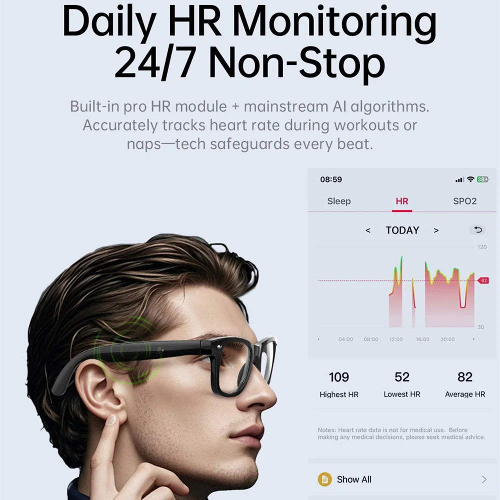 Newest Translation AI Intelligent Glasses Heart Rate Body Temperature Health UV Detection Sports Voice Assistant Call Sunglasses