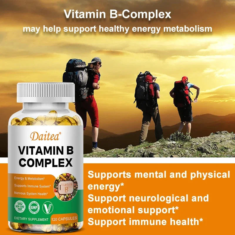 DAITEA - Vitamin B Complex Capsules - B12, B1, B2, B3, B5, B6, B7, B9, Folic Acid and Biotin - Reduce Stress, Boost Immunity