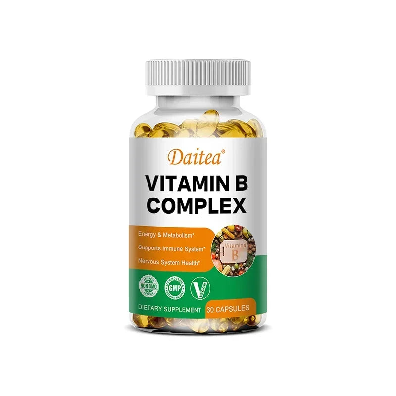 DAITEA - Vitamin B Complex Capsules - B12, B1, B2, B3, B5, B6, B7, B9, Folic Acid and Biotin - Reduce Stress, Boost Immunity